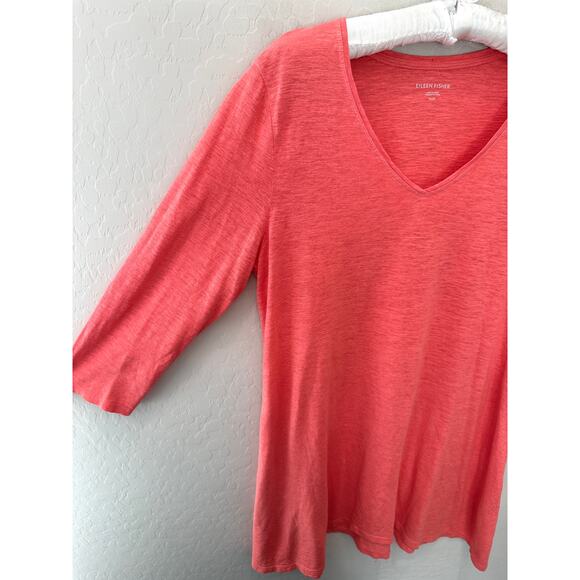 EILEEN FISHER | Coral Orange Organic Cotton Hemp Slub V-Neck Tunic | Medium - Picture 3 of 6